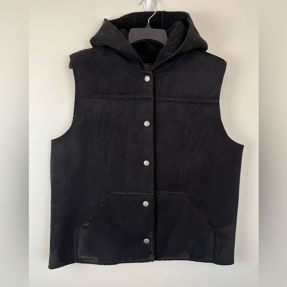 Lauren RL Faux Suede Sherpa Lined Hooded Snap Buttons Black Vest Women’s Large